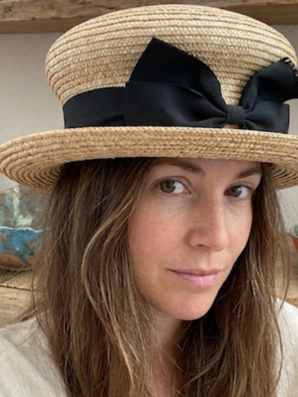 Vintage Straw Boater Hat Black Grosgrain Bow Skimmer 7" Opening high crown deco